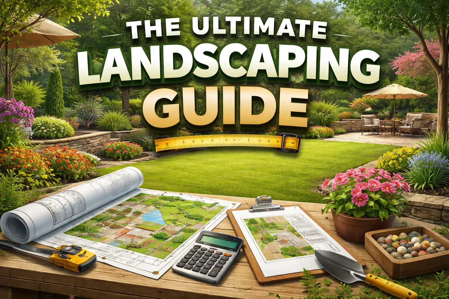Ultimate Landscaping Guide Featured Image showing tools and planning